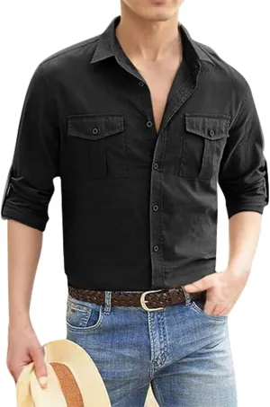 Mens Button Down Shirts Long Sleeve Casual Cotton Linen Shirt Slim Fit Summer Tops Vacation Hawaiian Shirt w/Pockets