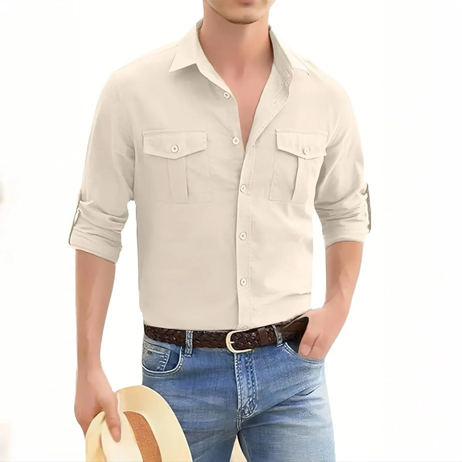 Mens Button Down Shirts Long Sleeve Casual Cotton Linen Shirt Slim Fit Summer Tops Vacation Hawaiian Shirt w/Pockets