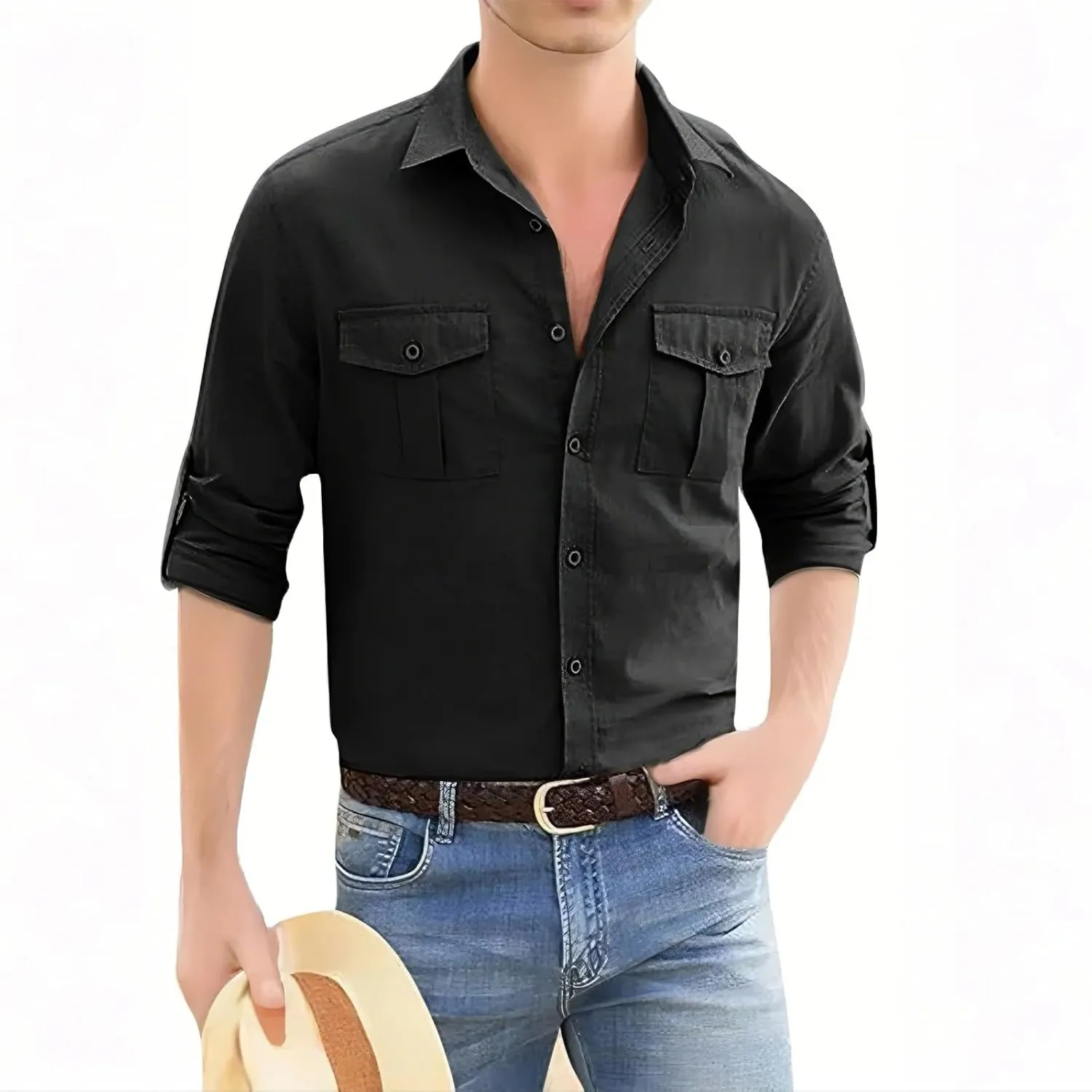 Mens Button Down Shirts Long Sleeve Casual Cotton Linen Shirt Slim Fit Summer Tops Vacation Hawaiian Shirt w/Pockets