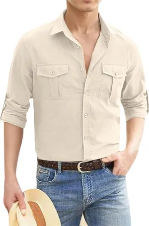 Mens Button Down Shirts Long Sleeve Casual Cotton Linen Shirt Slim Fit Summer Tops Vacation Hawaiian Shirt w/Pockets