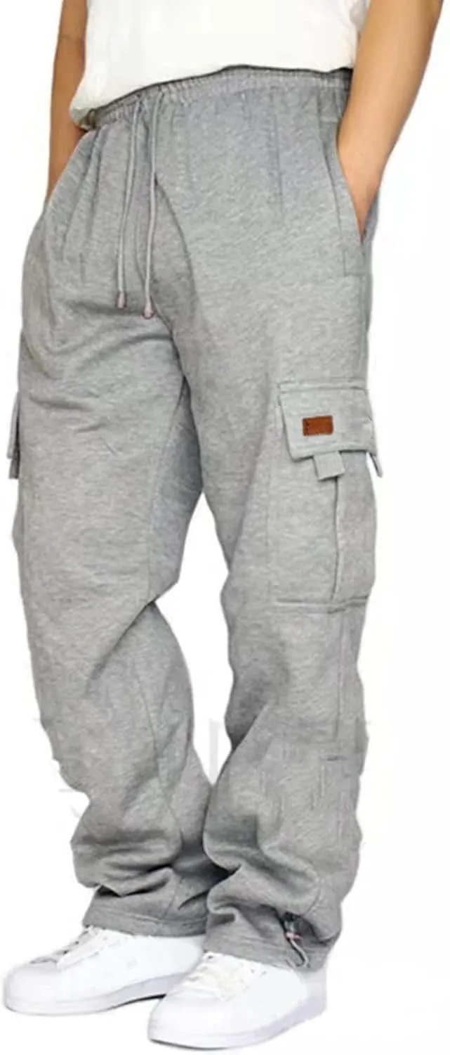 Mens Cargo Pants Casual Hiking Lounge Pants Elastic Joggers Athletic Pants Loose Straight Sweatpants with Pockets