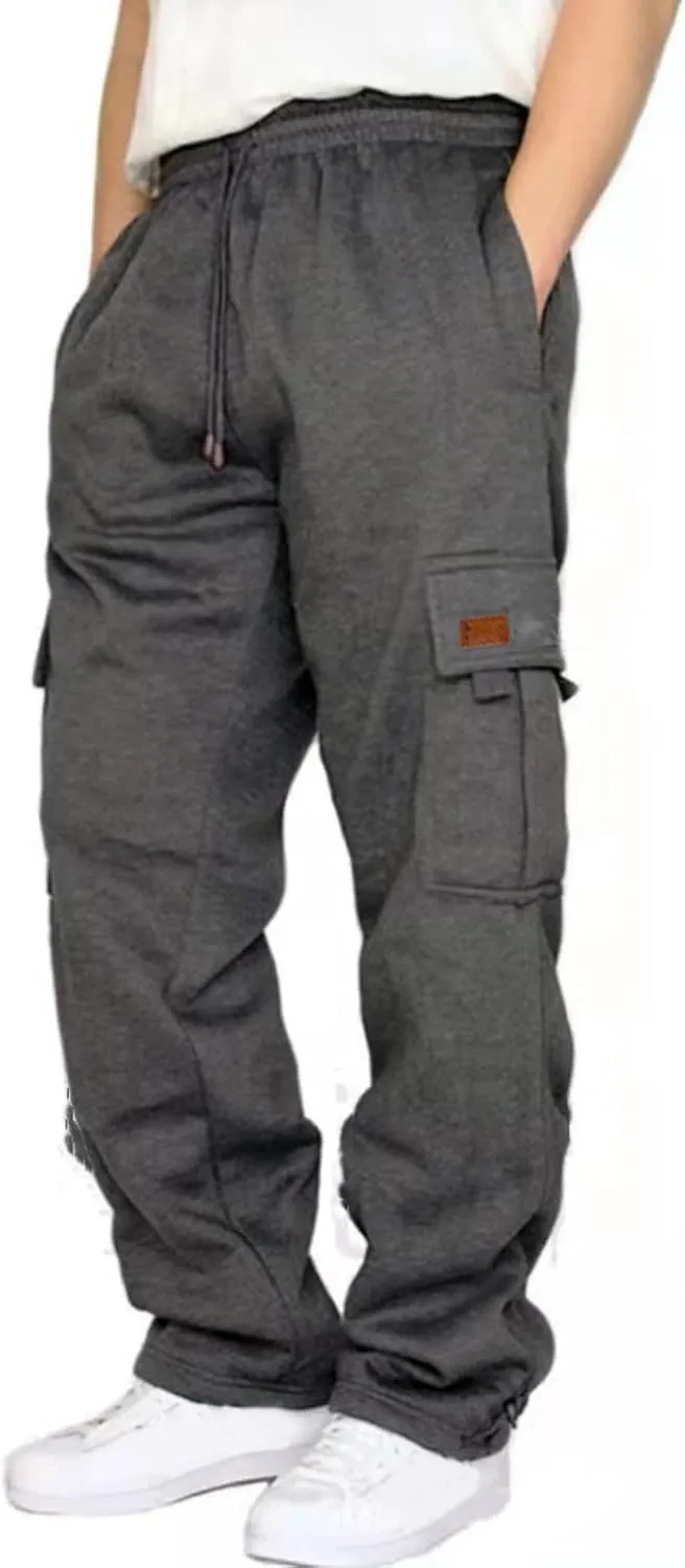 Mens Cargo Pants Casual Hiking Lounge Pants Elastic Joggers Athletic Pants Loose Straight Sweatpants with Pockets