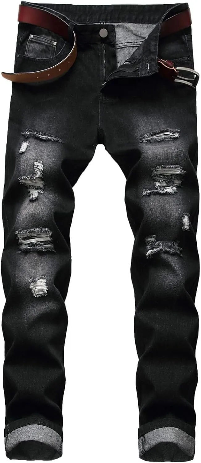 Men's Denim Pants Mid Rise Jeans Straight Leg Western Casual Winter Pocket Summer Ripped Denim Pant