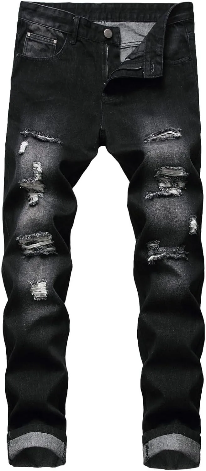 Men's Denim Pants Mid Rise Jeans Straight Leg Western Casual Winter Pocket Summer Ripped Denim Pant
