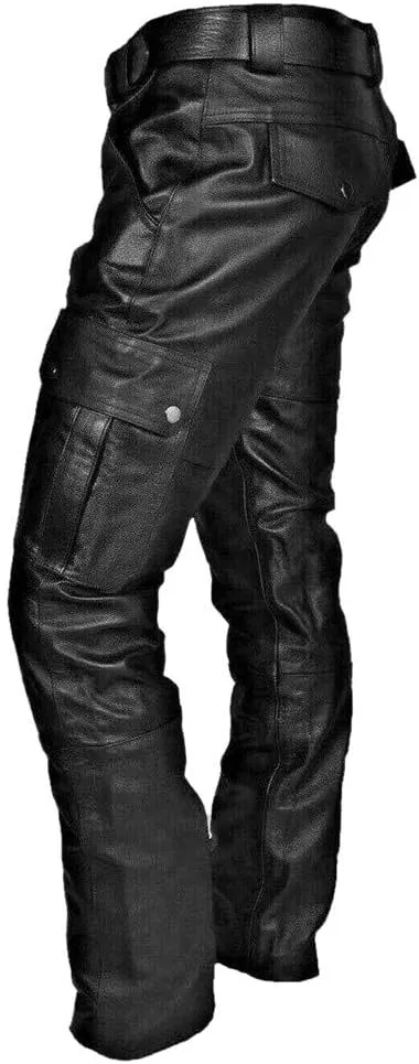 Men's Faux Leather Pants Fashion Steampunk Goth Pants Pocket Slim Fit Leather Pants Trousers with Multi Pockets