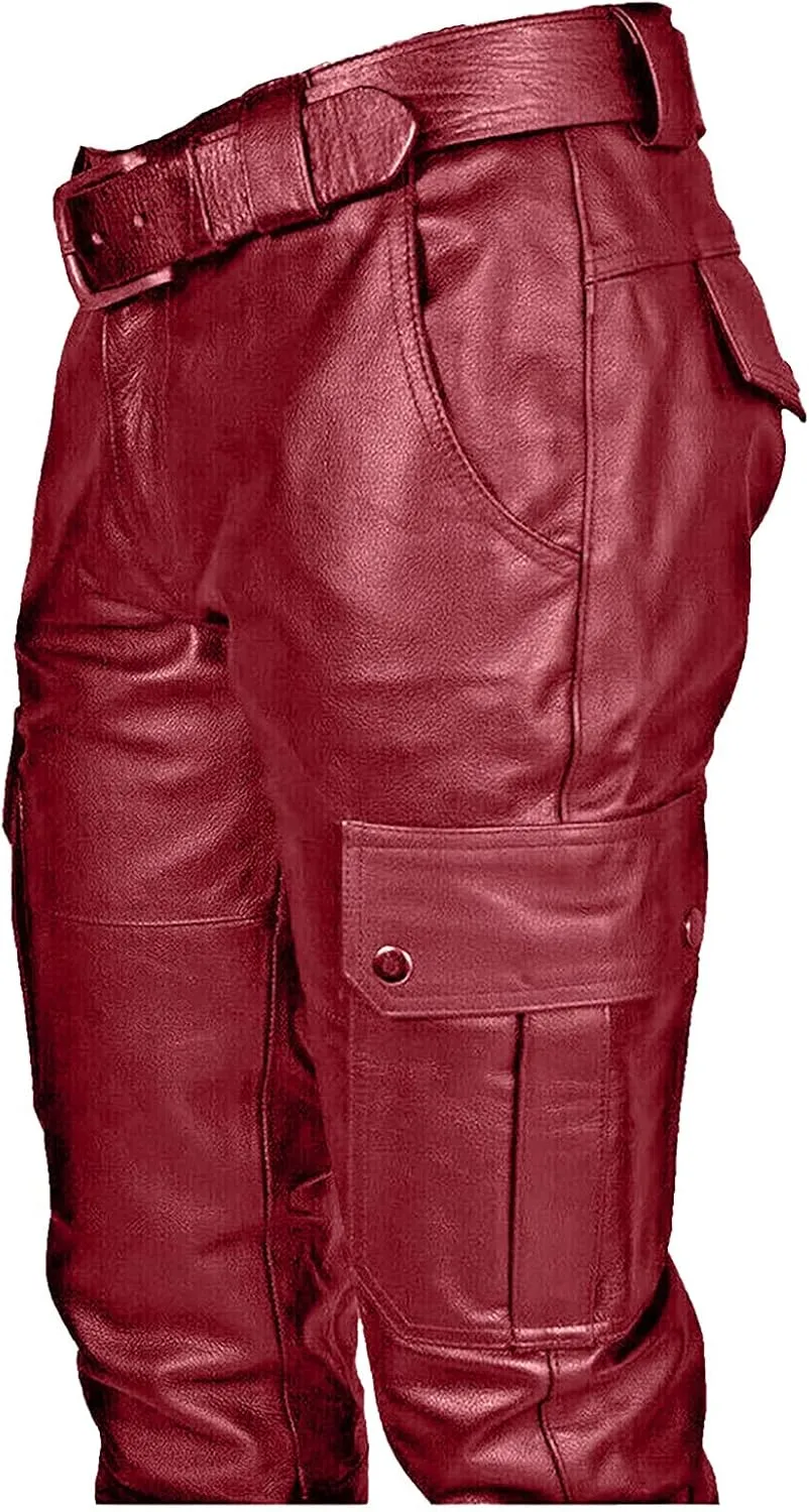 Men's Faux Leather Pants Fashion Steampunk Goth Pants Pocket Slim Fit Leather Pants Trousers with Multi Pockets