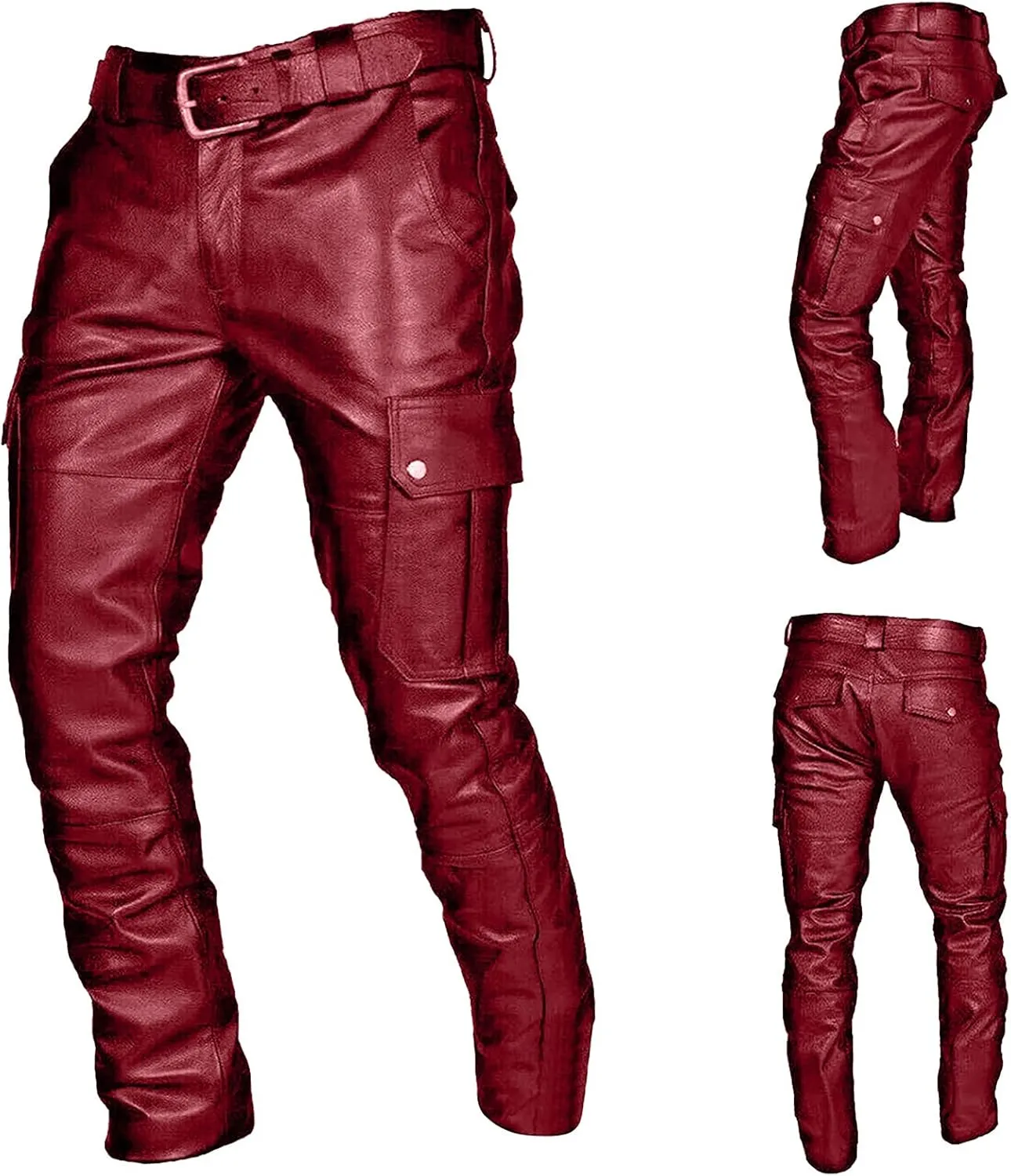 Men's Faux Leather Pants Fashion Steampunk Goth Pants Pocket Slim Fit Leather Pants Trousers with Multi Pockets