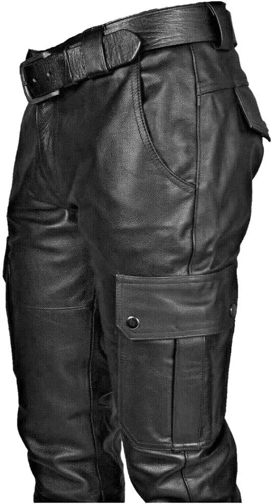 Men's Faux Leather Pants Fashion Steampunk Goth Pants Pocket Slim Fit Leather Pants Trousers with Multi Pockets