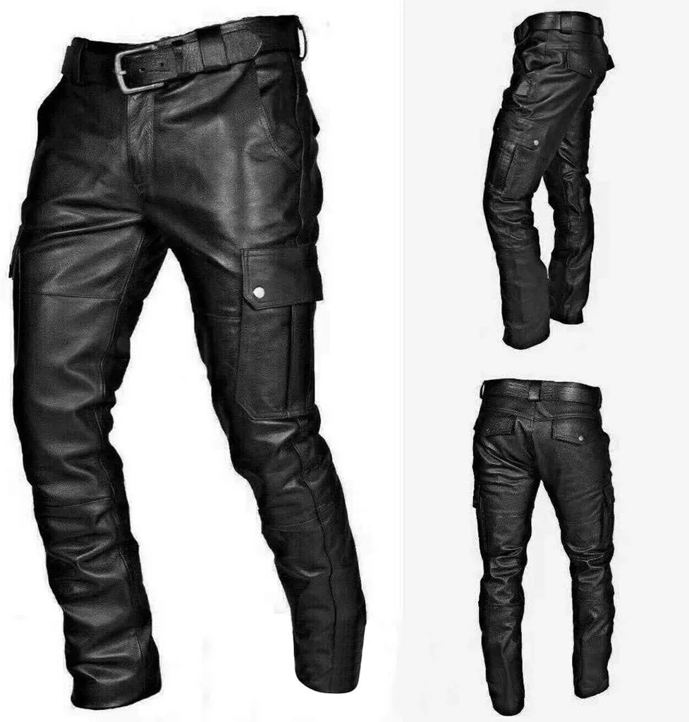 Men's Faux Leather Pants Fashion Steampunk Goth Pants Pocket Slim Fit Leather Pants Trousers with Multi Pockets