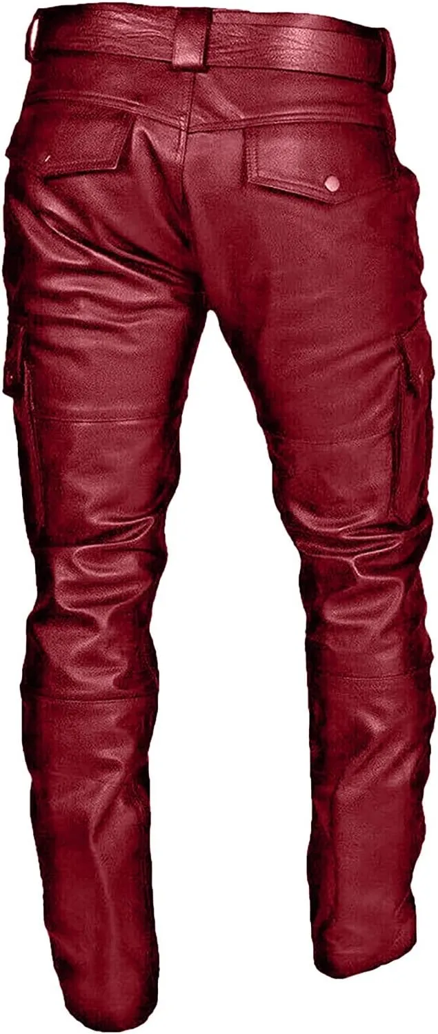 Men's Faux Leather Pants Fashion Steampunk Goth Pants Pocket Slim Fit Leather Pants Trousers with Multi Pockets