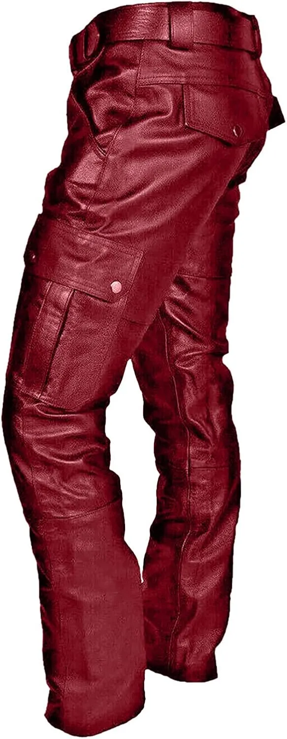 Men's Faux Leather Pants Fashion Steampunk Goth Pants Pocket Slim Fit Leather Pants Trousers with Multi Pockets