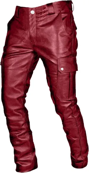Men's Faux Leather Pants Fashion Steampunk Goth Pants Pocket Slim Fit Leather Pants Trousers with Multi Pockets