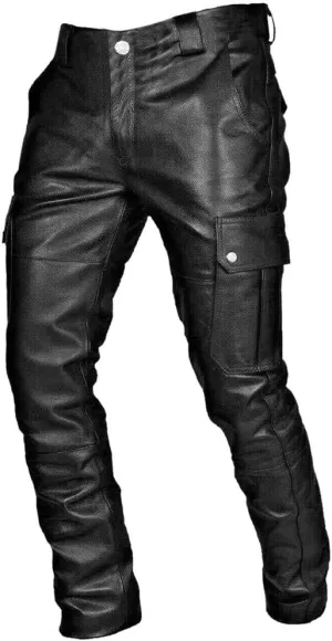 Men's Faux Leather Pants Fashion Steampunk Goth Pants Pocket Slim Fit Leather Pants Trousers with Multi Pockets