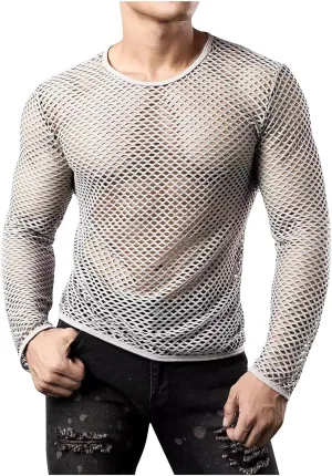 Mens Fishnet Mesh Muscle Shirts Top See Thru Workout Gym Shirts Mesh Base Layer Fishnet Sexy Top Fitted Crew Neck Tee