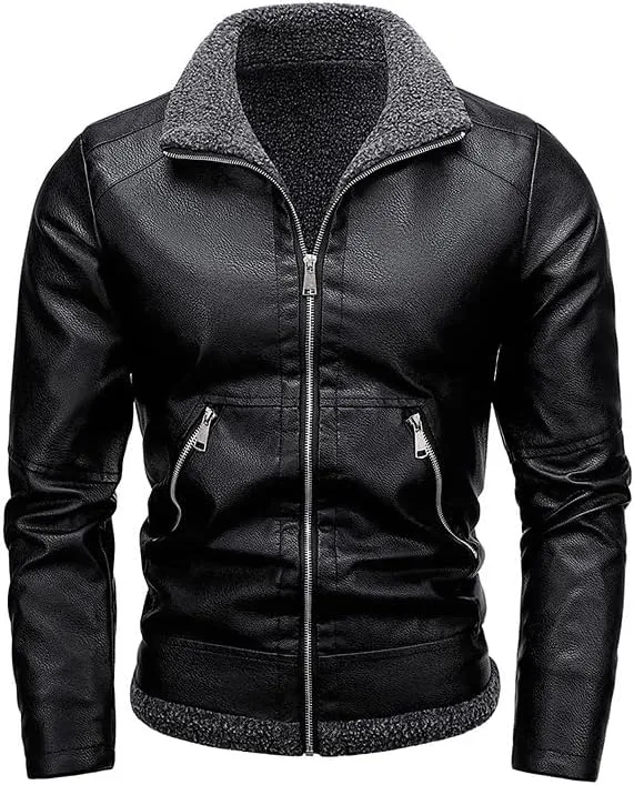 Men's Lapel Collar Motorcycle Faux Leather Jacket Fashion Classic Style Fleece Bomber Jackets Full Zip Pu Coats