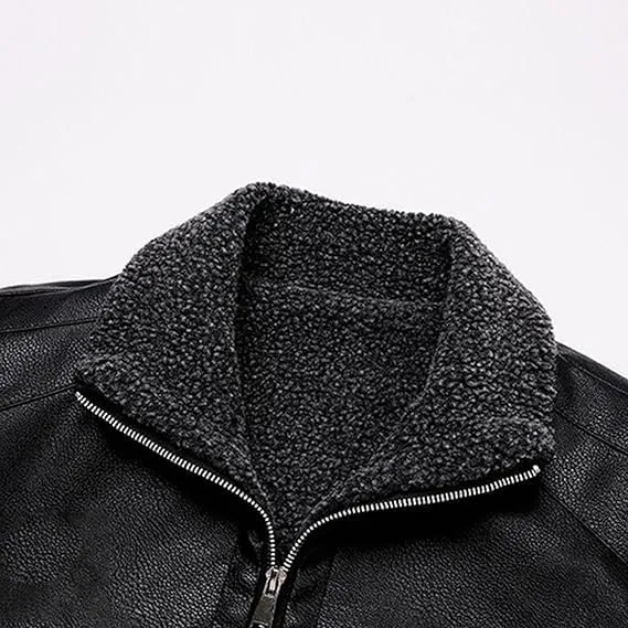 Men's Lapel Collar Motorcycle Faux Leather Jacket Fashion Classic Style Fleece Bomber Jackets Full Zip Pu Coats