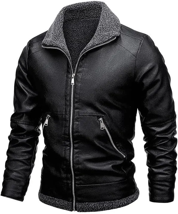 Men's Lapel Collar Motorcycle Faux Leather Jacket Fashion Classic Style Fleece Bomber Jackets Full Zip Pu Coats