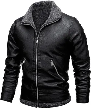 Men's Lapel Collar Motorcycle Faux Leather Jacket Fashion Classic Style Fleece Bomber Jackets Full Zip Pu Coats