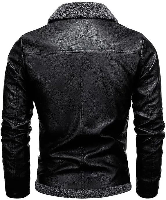 Men's Lapel Collar Motorcycle Faux Leather Jacket Fashion Classic Style Fleece Bomber Jackets Full Zip Pu Coats
