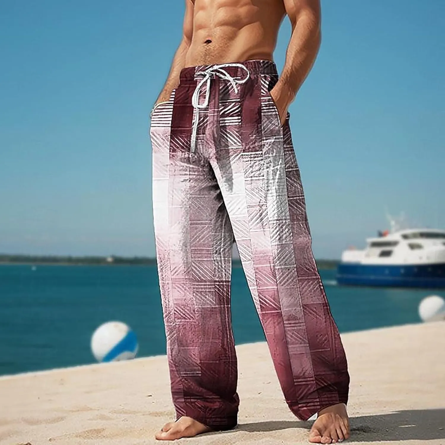 Mens Linen Harem Drawstring Plaid Pants Casual Elastic Waist Lightweight Loose Trouser Hippie Summer Beach Yoga Pant