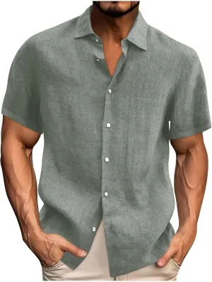 Mens Linen Shirt 2024 Summer Casual Short Sleeve Button Down Beach Lightweight Tshirt Hawaiian Vacation Shirts Outfit
