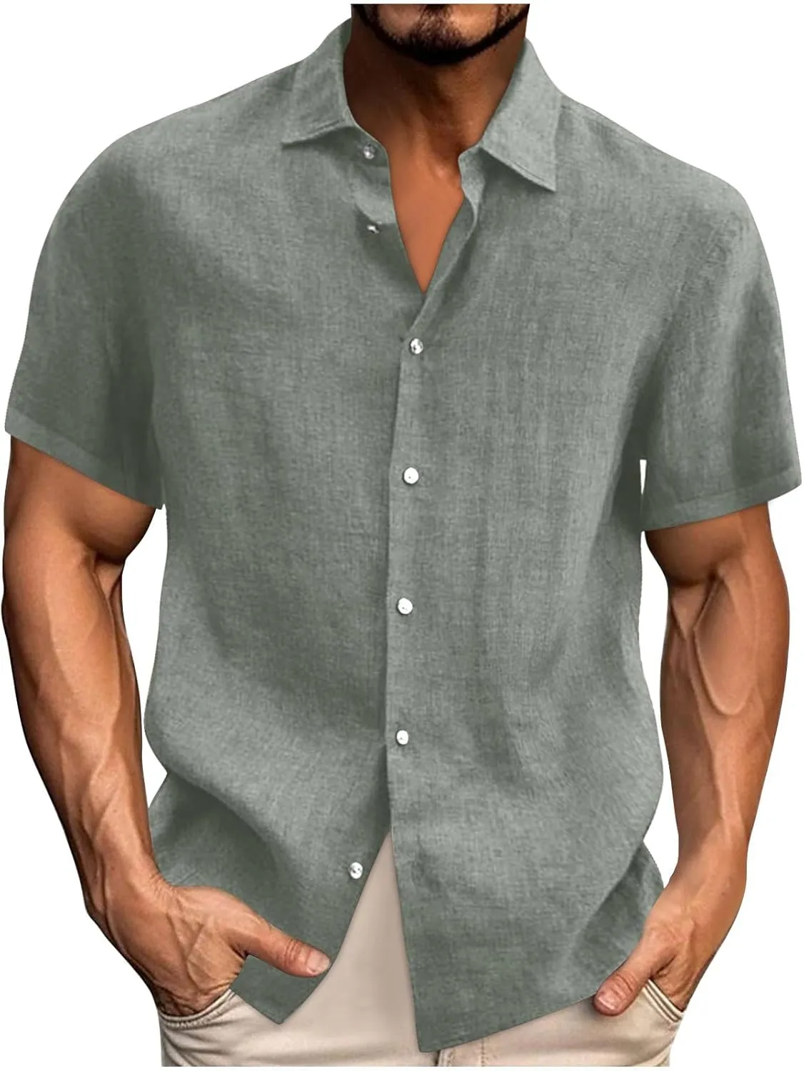 Mens Linen Shirt 2024 Summer Casual Short Sleeve Button Down Beach Lightweight Tshirt Hawaiian Vacation Shirts Outfit