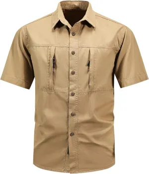 Mens Military Tactical Uniform Shirts Ripstop Lightweight Breathable Loose Fit Work Shirt Button Hiking Fishing Shirt