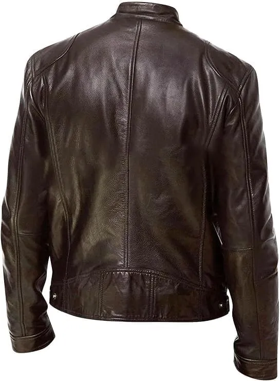 Men's Multi Pocket Pu Leather Jacket Stand Collar Zipper Cardigan Motorcycle Bomberjackets Zip Up Biker Outwear