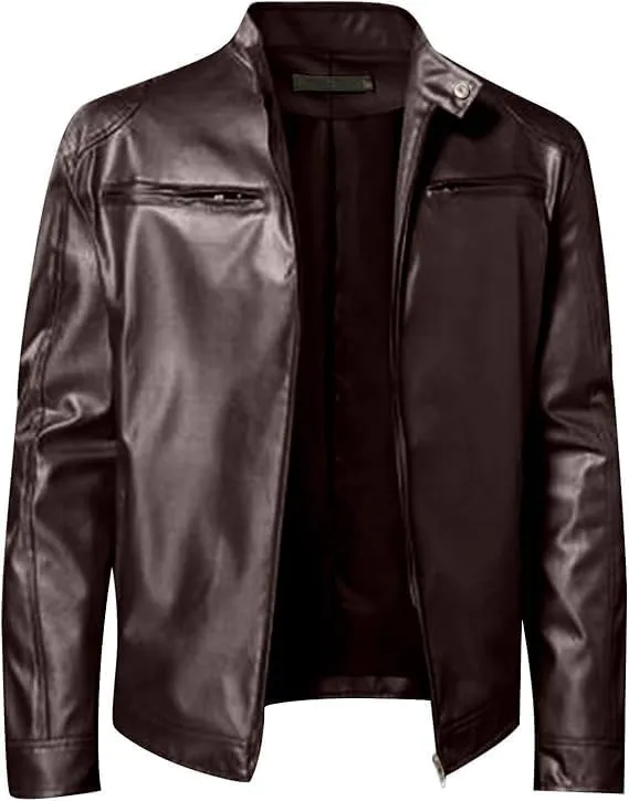 Men's Multi Pocket Pu Leather Jacket Stand Collar Zipper Cardigan Motorcycle Bomberjackets Zip Up Biker Outwear