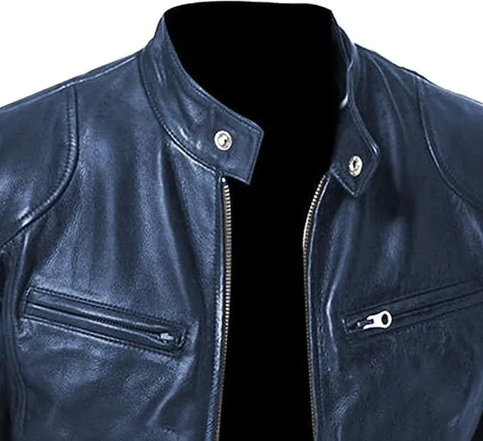 Men's Multi Pocket Pu Leather Jacket Stand Collar Zipper Cardigan Motorcycle Bomberjackets Zip Up Biker Outwear