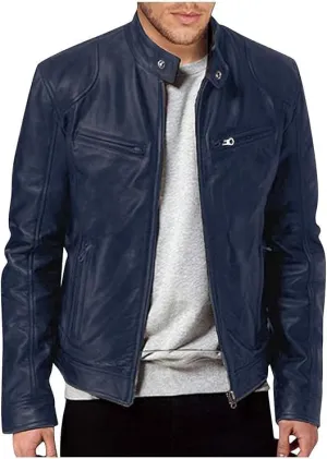 Men's Multi Pocket Pu Leather Jacket Stand Collar Zipper Cardigan Motorcycle Bomberjackets Zip Up Biker Outwear
