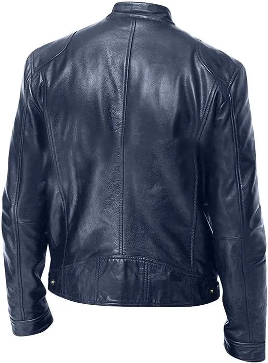 Men's Multi Pocket Pu Leather Jacket Stand Collar Zipper Cardigan Motorcycle Bomberjackets Zip Up Biker Outwear