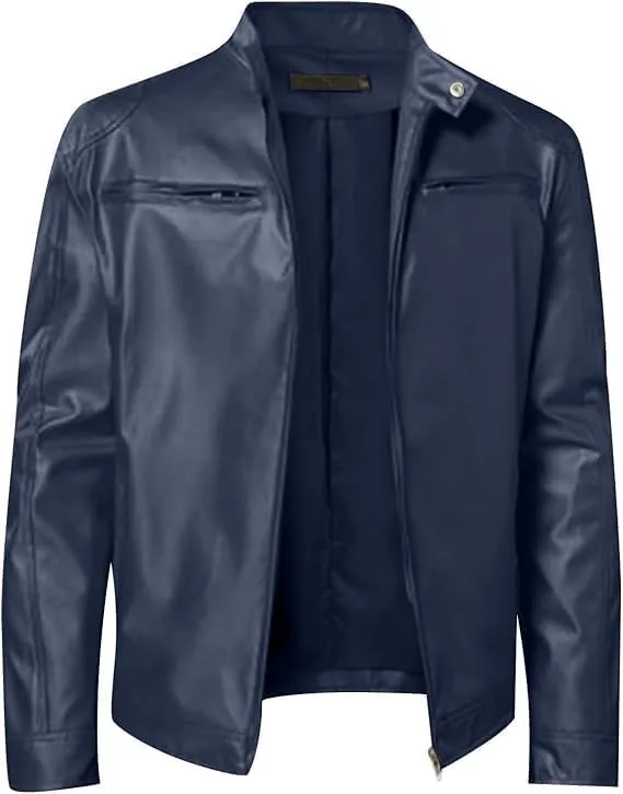 Men's Multi Pocket Pu Leather Jacket Stand Collar Zipper Cardigan Motorcycle Bomberjackets Zip Up Biker Outwear
