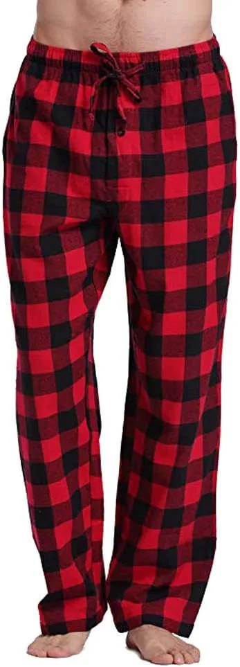 Mens Pajamas Pants Red and Black Plaid Pajama Pants Lightweight Flannel Loose Fit Christmas Pajama Pants with Pockets