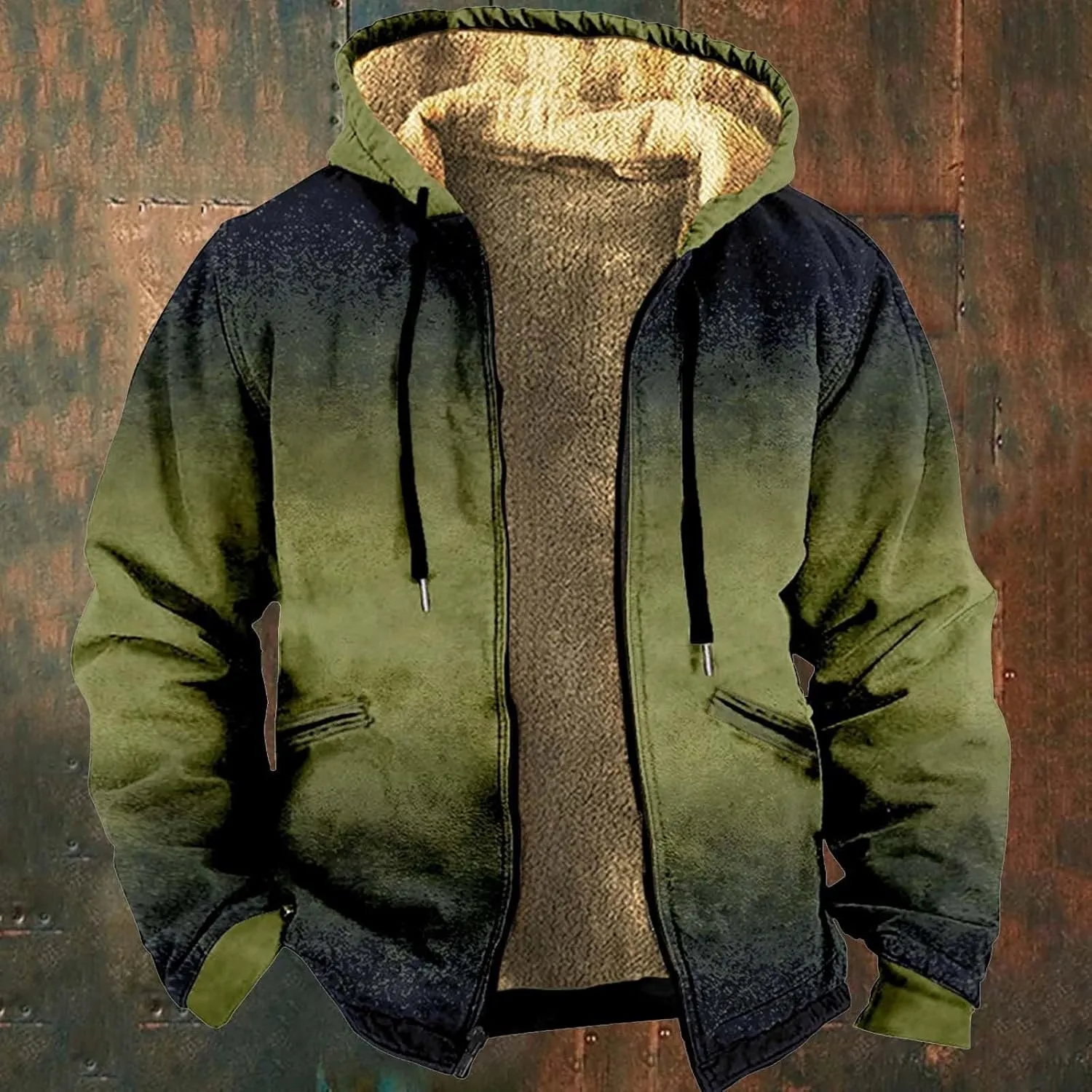 Men's Sherpa Lined Hoodies Heavyweight Thicken Fleece Zip Up Hooded Jacket Gradient Color Winter Warm Coats Outerwear