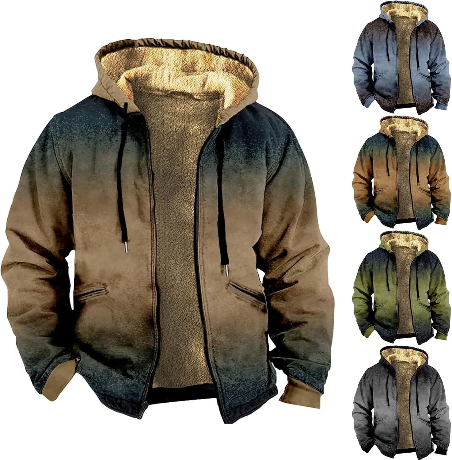 Men's Sherpa Lined Hoodies Heavyweight Thicken Fleece Zip Up Hooded Jacket Gradient Color Winter Warm Coats Outerwear