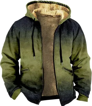 Men's Sherpa Lined Hoodies Heavyweight Thicken Fleece Zip Up Hooded Jacket Gradient Color Winter Warm Coats Outerwear