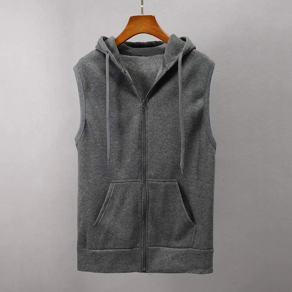 Men's Sleeveless Hoodies Full Zip Drawstring Hooded Tank Tops Casual Stretch Workout Cut Off Muscle Athletic Jackets
