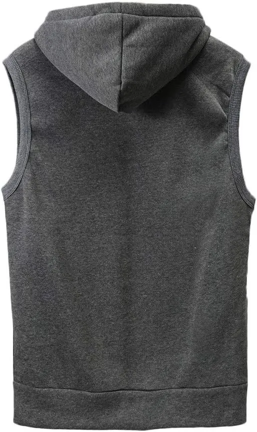 Men's Sleeveless Hoodies Full Zip Drawstring Hooded Tank Tops Casual Stretch Workout Cut Off Muscle Athletic Jackets