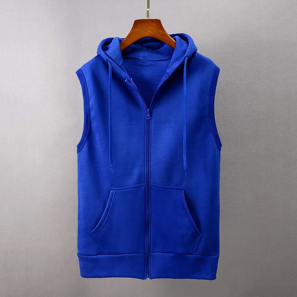 Men's Sleeveless Hoodies Full Zip Drawstring Hooded Tank Tops Casual Stretch Workout Cut Off Muscle Athletic Jackets