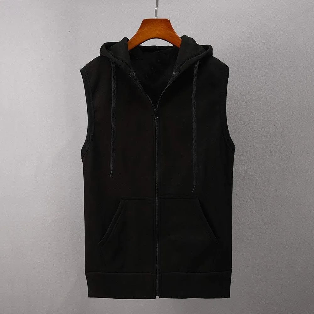 Men's Sleeveless Hoodies Full Zip Drawstring Hooded Tank Tops Casual Stretch Workout Cut Off Muscle Athletic Jackets