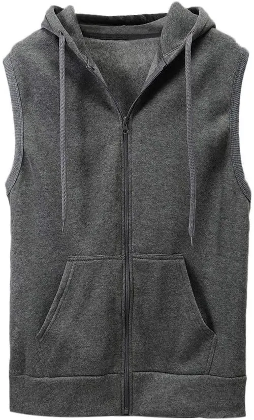Men's Sleeveless Hoodies Full Zip Drawstring Hooded Tank Tops Casual Stretch Workout Cut Off Muscle Athletic Jackets
