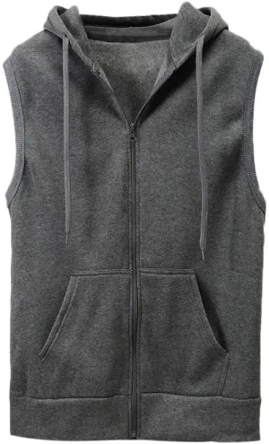 Men's Sleeveless Hoodies Full Zip Drawstring Hooded Tank Tops Casual Stretch Workout Cut Off Muscle Athletic Jackets