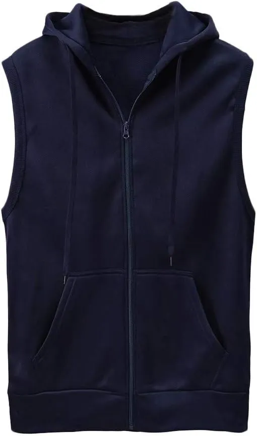 Men's Sleeveless Hoodies Full Zip Drawstring Hooded Tank Tops Casual Stretch Workout Cut Off Muscle Athletic Jackets