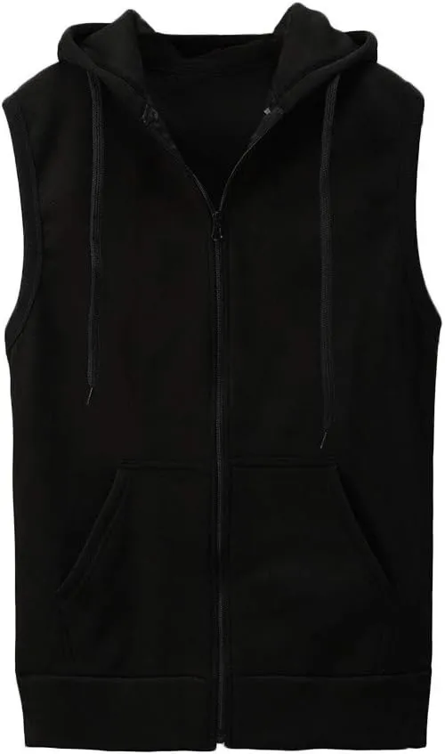 Men's Sleeveless Hoodies Full Zip Drawstring Hooded Tank Tops Casual Stretch Workout Cut Off Muscle Athletic Jackets