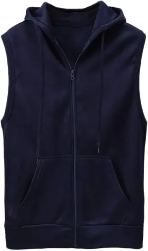Men's Sleeveless Hoodies Full Zip Drawstring Hooded Tank Tops Casual Stretch Workout Cut Off Muscle Athletic Jackets