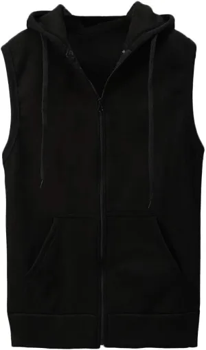 Men's Sleeveless Hoodies Full Zip Drawstring Hooded Tank Tops Casual Stretch Workout Cut Off Muscle Athletic Jackets