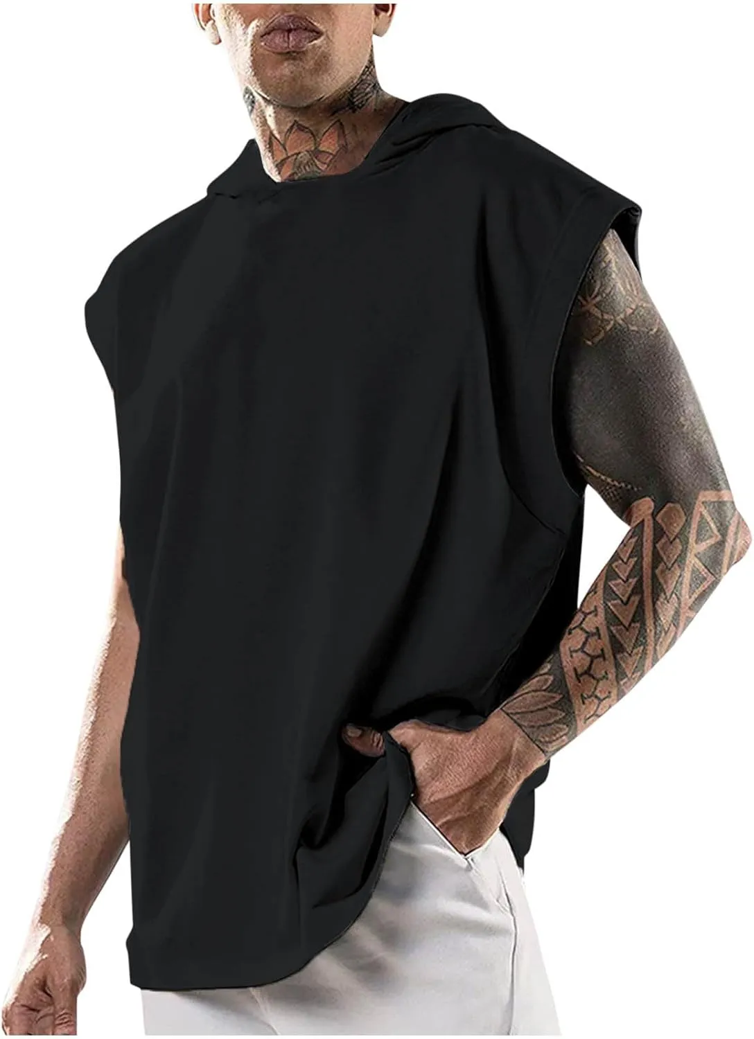 Men's Workout Muscle Hooded Tank Tops Sleeveless Athletic Gym Hoodies Bodybuilding Training Fitness Cut Off T-Shirts