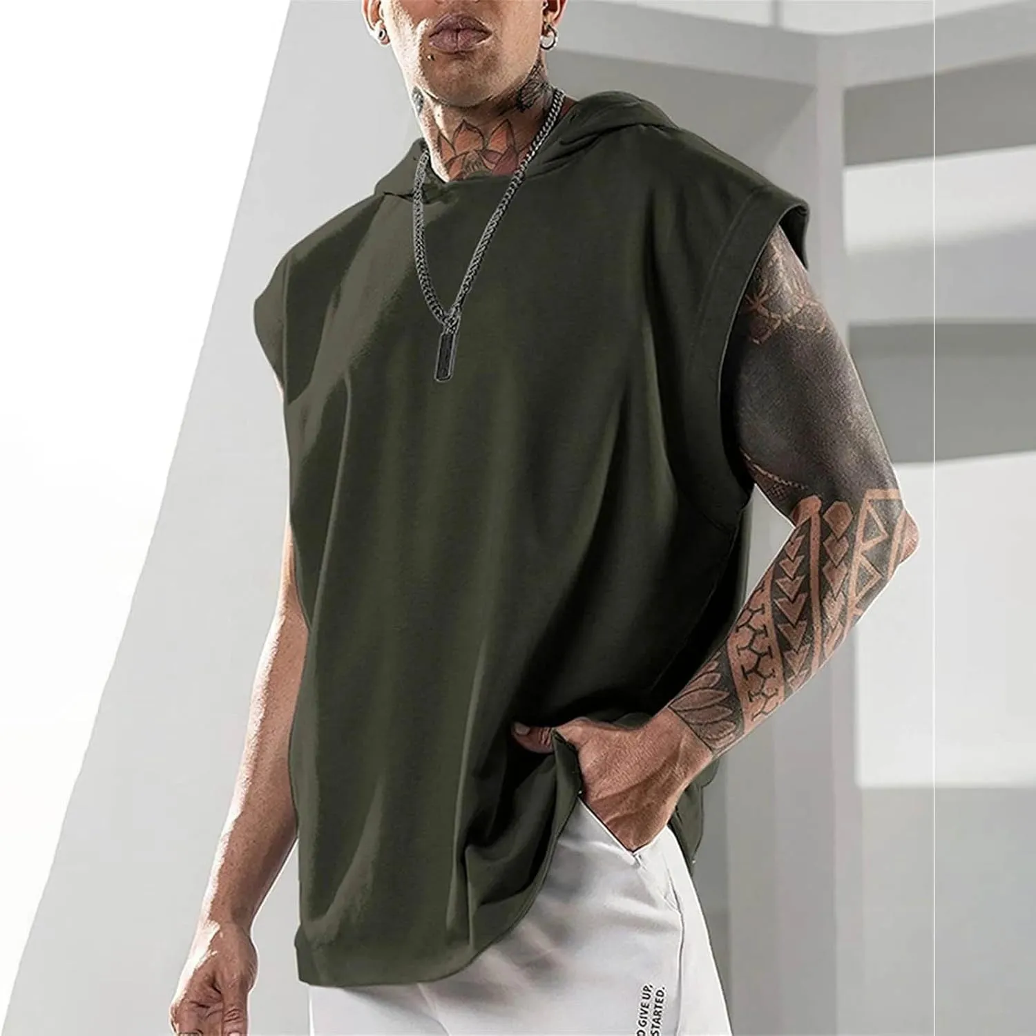 Men's Workout Muscle Hooded Tank Tops Sleeveless Athletic Gym Hoodies Bodybuilding Training Fitness Cut Off T-Shirts
