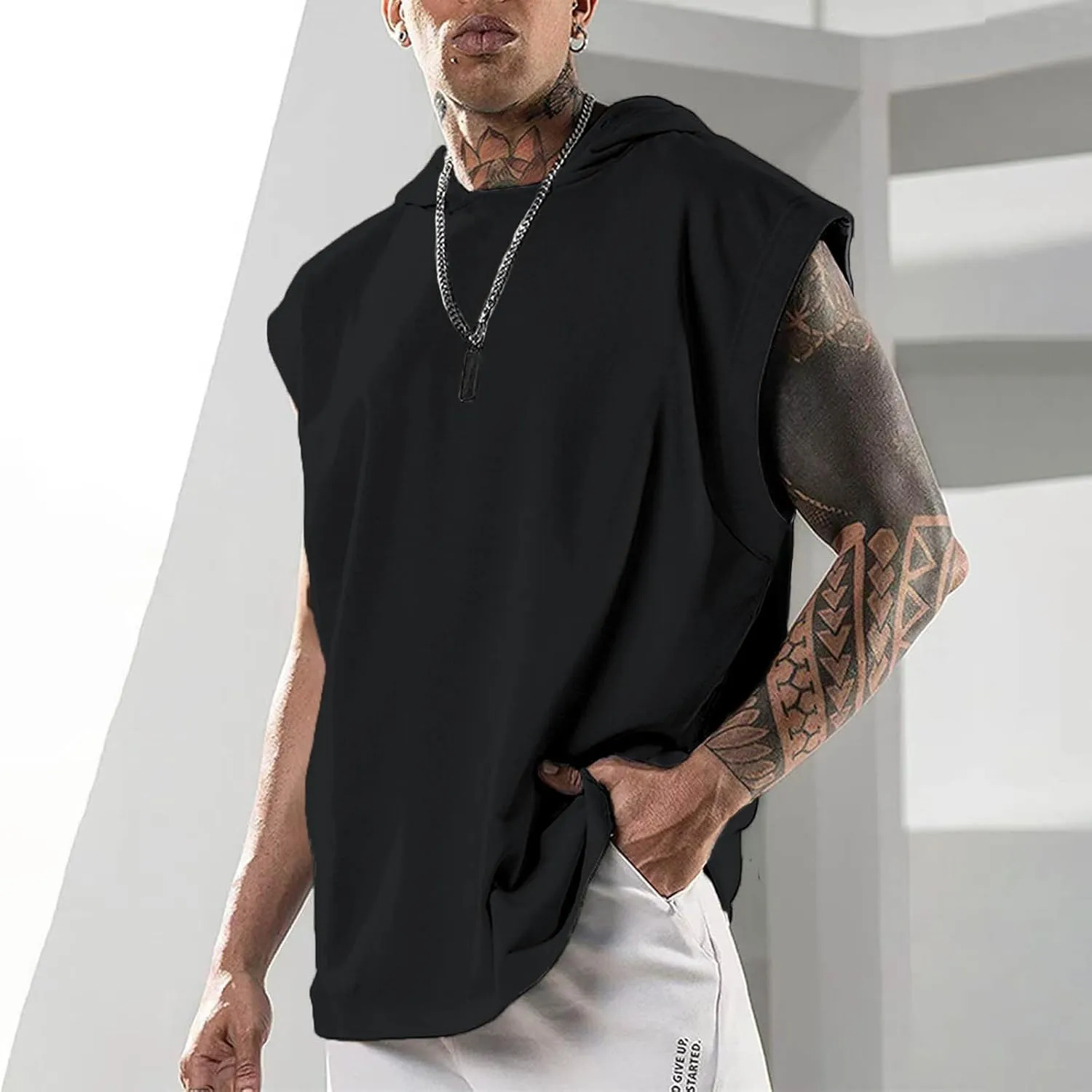 Men's Workout Muscle Hooded Tank Tops Sleeveless Athletic Gym Hoodies Bodybuilding Training Fitness Cut Off T-Shirts